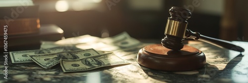 Close-up of a gavel and cash on a table, symbolizing the intersection of justice and business. AI generated illustration