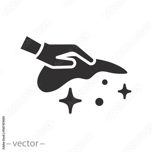 wipe with hand, wet rag and shiny surface, wet cleaning icon, clean floor, flat vector illustration
