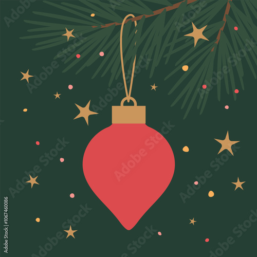 fir tree branches with christmas bauble and colorful dots and stars- vector illustration