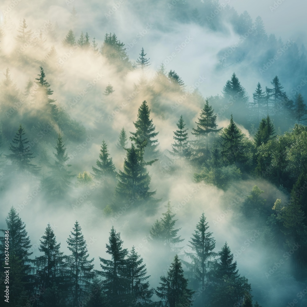 Fog above pine forests. Detail of dense pine forest in morning mist. - Fog above pine forests. Detail of dense pine forest in morning mist. -