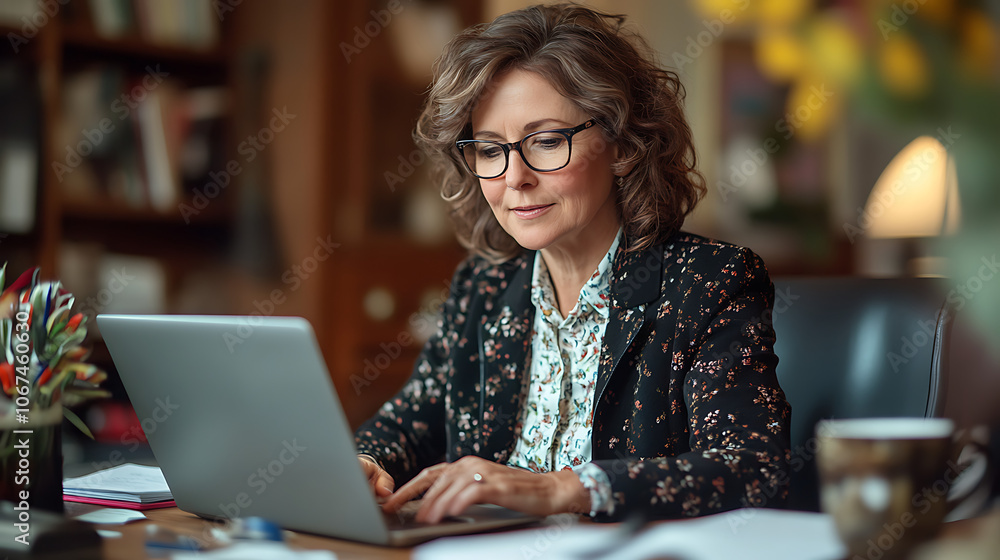A woman is sitting at a desk with a laptop in front of her A woman is sitting at a desk with a laptop in front of her