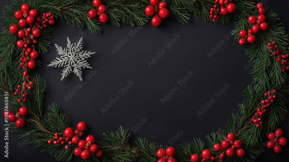 Elegancia festiva: Corona de Navidad con esferas rojas en fondo de pizarra negra. Postal de Navidad Elegancia festiva: Corona de Navidad con esferas rojas en fondo de pizarra negra. Postal de Navidad