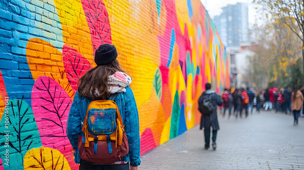 A vibrant street mural showcasing colorful urban art on a brick wall, adding artistic flair to the urban environment
