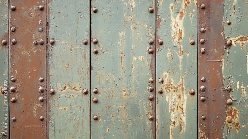 Weathered metal panels with rust and rivets, showcasing industrial texture and aging. Weathered metal panels with rust and rivets, showcasing industrial texture and aging.