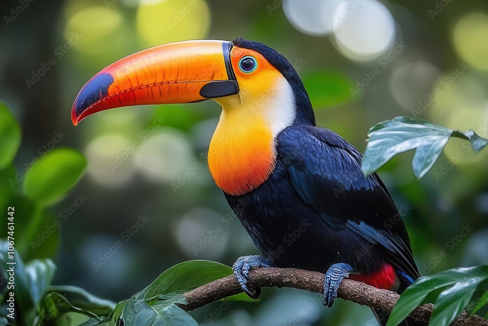 Naklejka premium vibrant toucan perched gracefully on a branch surrounded by lush tropical leaves showcasing the colorful plumage and exotic beauty of this bird in its natural habitat