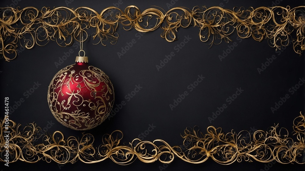 Elegante fondo negro de pizarra con bola de Navidad roja con grabados dorados y adornos decorativos dorados. Postal de Navidad Elegante fondo negro de pizarra con bola de Navidad roja con grabados dorados y adornos decorativos dorados. Postal de Navidad