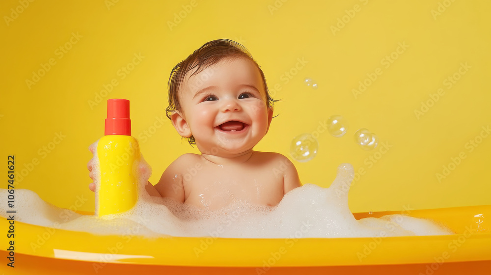 Joyful baby bath time with colorful bubbles in vibrant studio setting Joyful baby bath time with colorful bubbles in vibrant studio setting