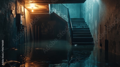 Waterlogged underground basement after heavy rainfall. AI generated illustration