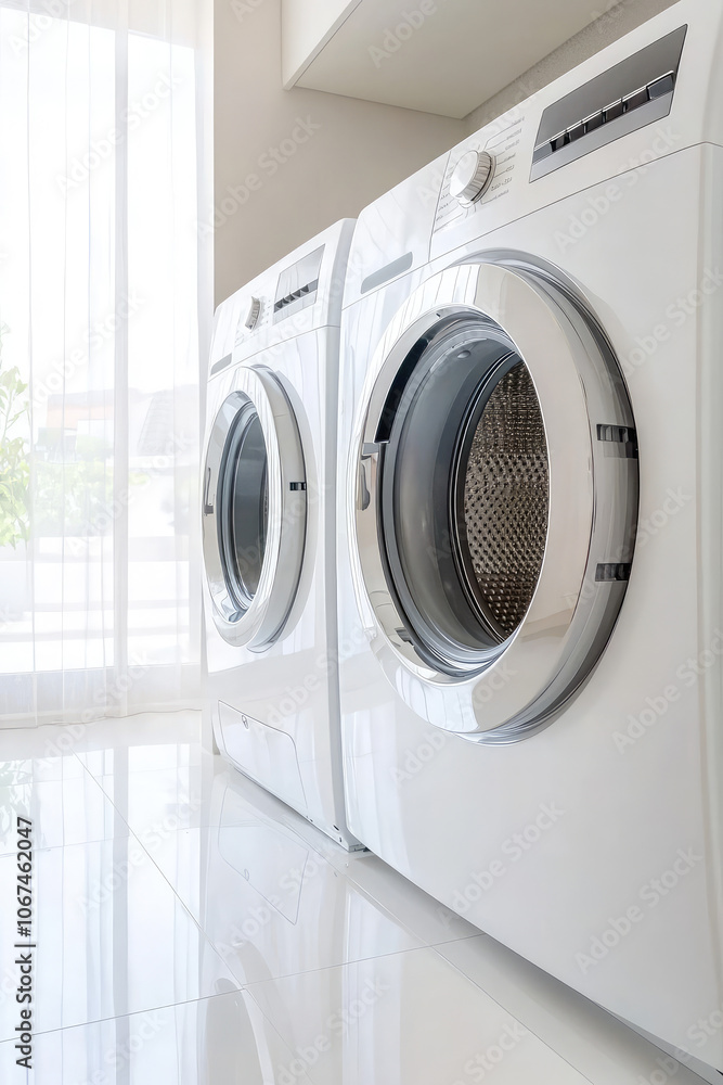 Washing machine and dryer in a modern laundry room interior. Minimalistic design laundry room in an apartment Washing machine and dryer in a modern laundry room interior. Minimalistic design laundry room in an apartment