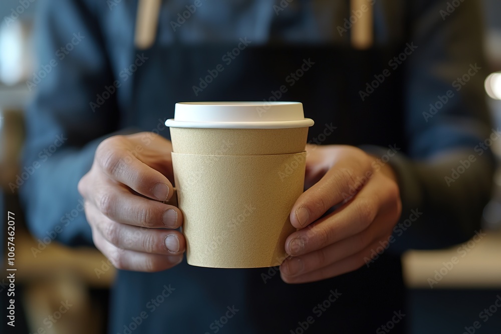 Barista in apron presents takeaway coffee cup Barista in apron presents takeaway coffee cup