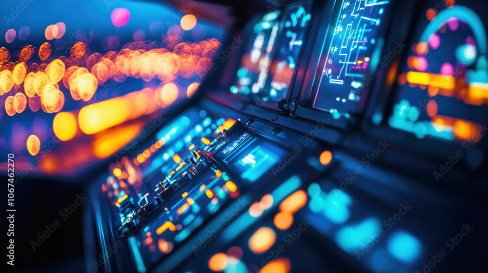 Glowing instrument panels in a modern airplane cockpit illuminated at night Glowing instrument panels in a modern airplane cockpit illuminated at night