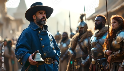 a man in a blue uniform stands in front of a group of soldiers.