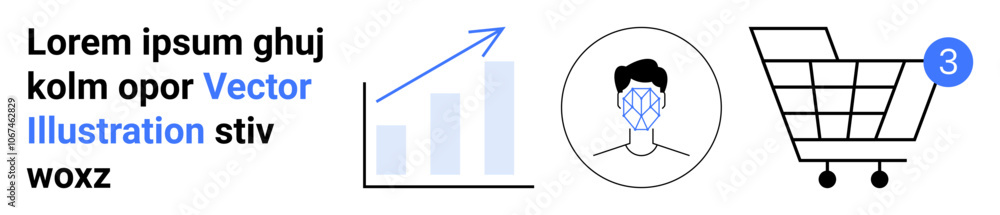 Bar chart with upward trend arrow, user profile with network lines, shopping cart with notification icon. Ideal for e-commerce, data analysis, online shopping, user experience, web design, digital Bar chart with upward trend arrow, user profile with network lines, shopping cart with notification icon. Ideal for e-commerce, data analysis, online shopping, user experience, web design, digital