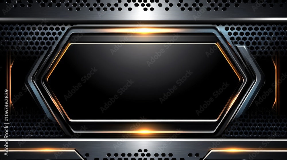 A sleek, modern graphic design featuring a dark hexagonal frame with metallic accents and glowing edges. A sleek, modern graphic design featuring a dark hexagonal frame with metallic accents and glowing edges.