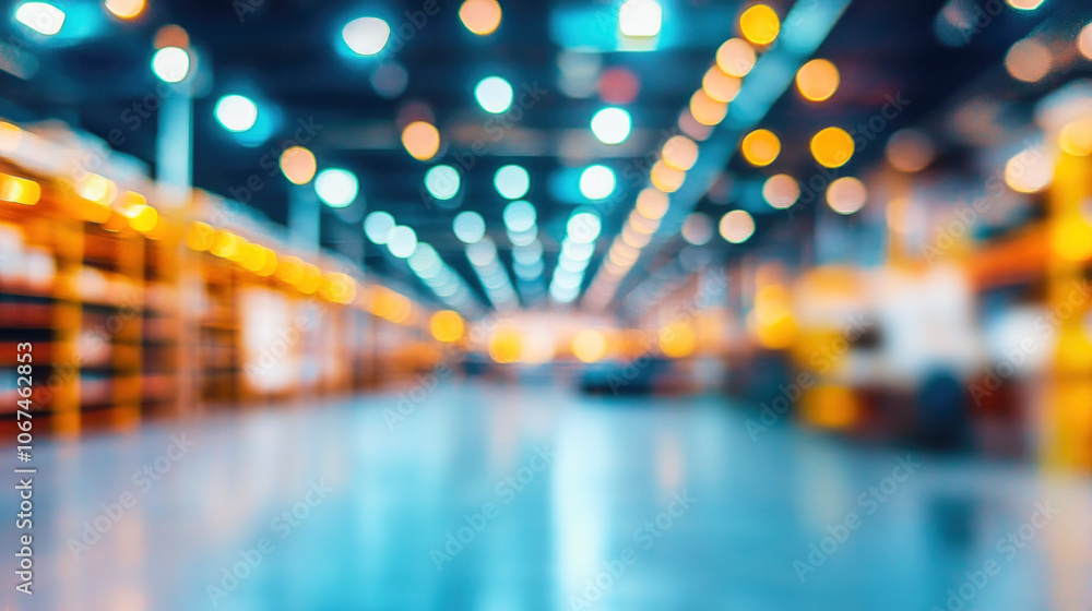 Atmospheric view of a large warehouse interior with illuminated shelves and soft focus lighting Atmospheric view of a large warehouse interior with illuminated shelves and soft focus lighting