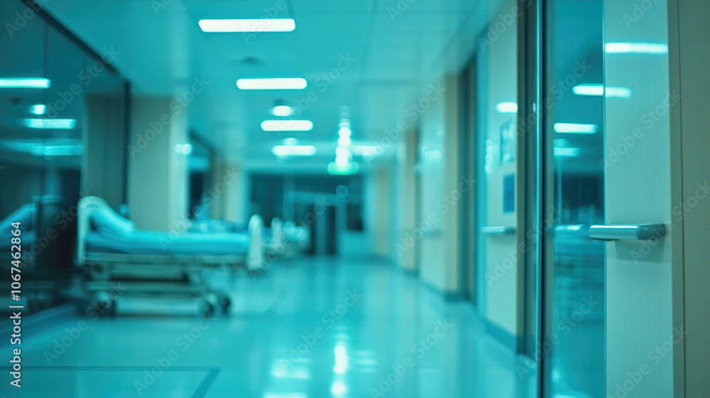 Blurred view of a modern hospital corridor with moving medical equipment and patient beds