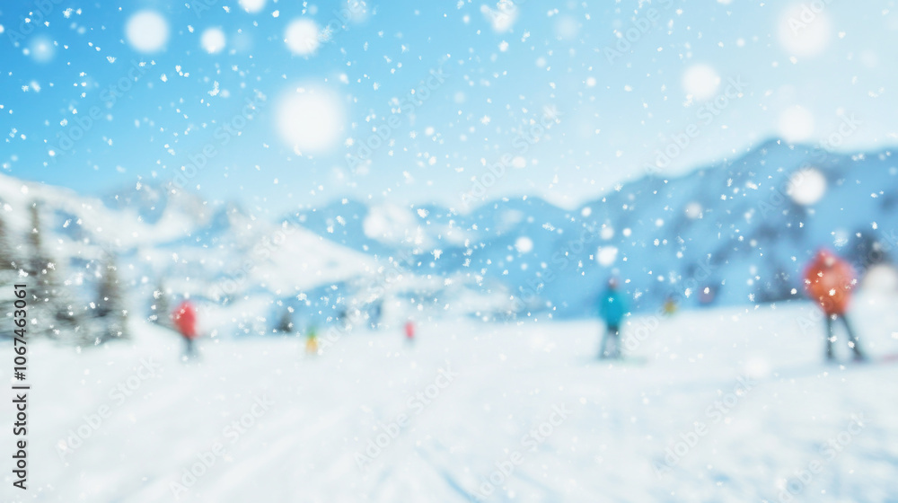 Blurred snowy landscape with skiers enjoying a peaceful day at a ski resort in winter Blurred snowy landscape with skiers enjoying a peaceful day at a ski resort in winter