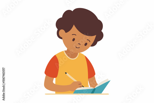 young boy studying, writing in notebook, Cartoon vector illustration.