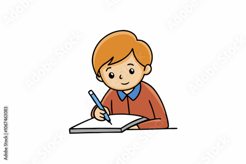 Child Doing Homework, writing in notebook, Cartoon illustration.