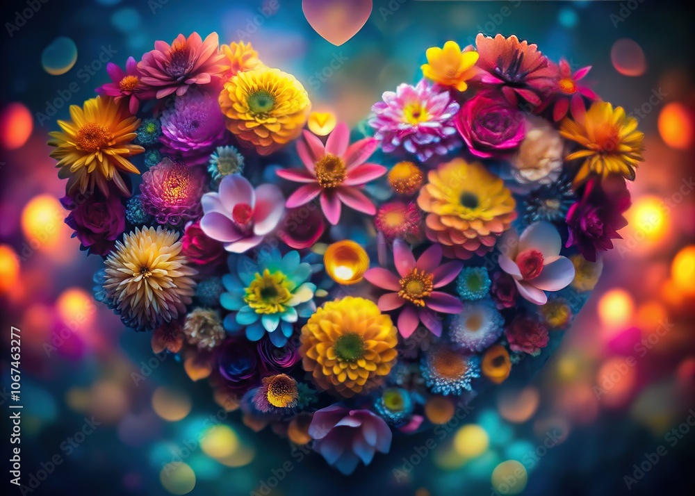 Light trails dance around hearts and flowers, creating abstract beauty. Light trails dance around hearts and flowers, creating abstract beauty.