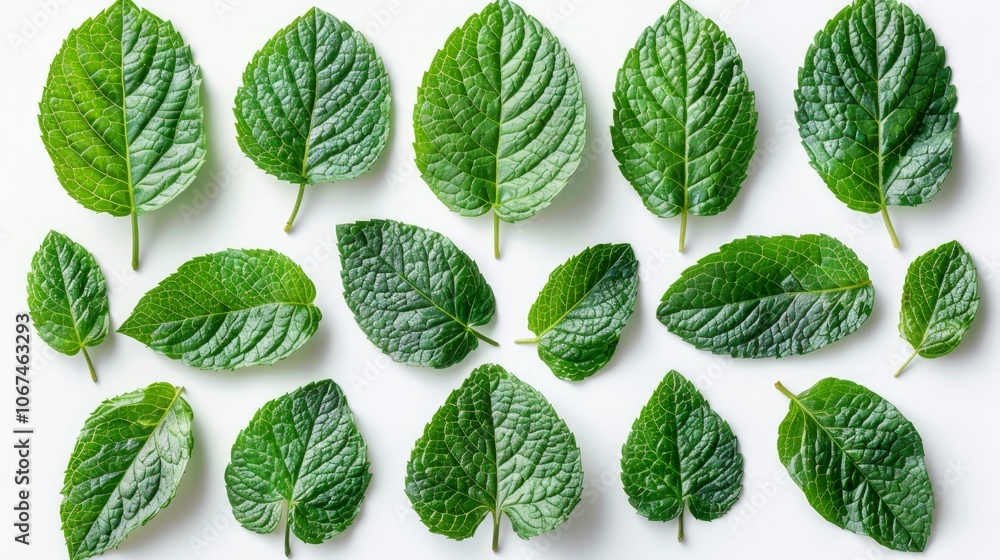 Set of green mint leaves isolated on white, top view Set of green mint leaves isolated on white, top view