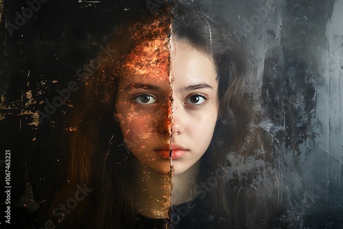 Double exposure of beautiful girl and leaves monochrome letterbox Concept of human mental health. Double exposure effect applied on woman's portrait showing human's inner world

 photo