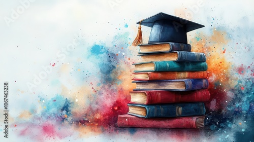 vibrant watercolor banner featuring a graduation cap perched atop a stack of colorful books with soft hues blending into a light background inviting empty space for celebratory text