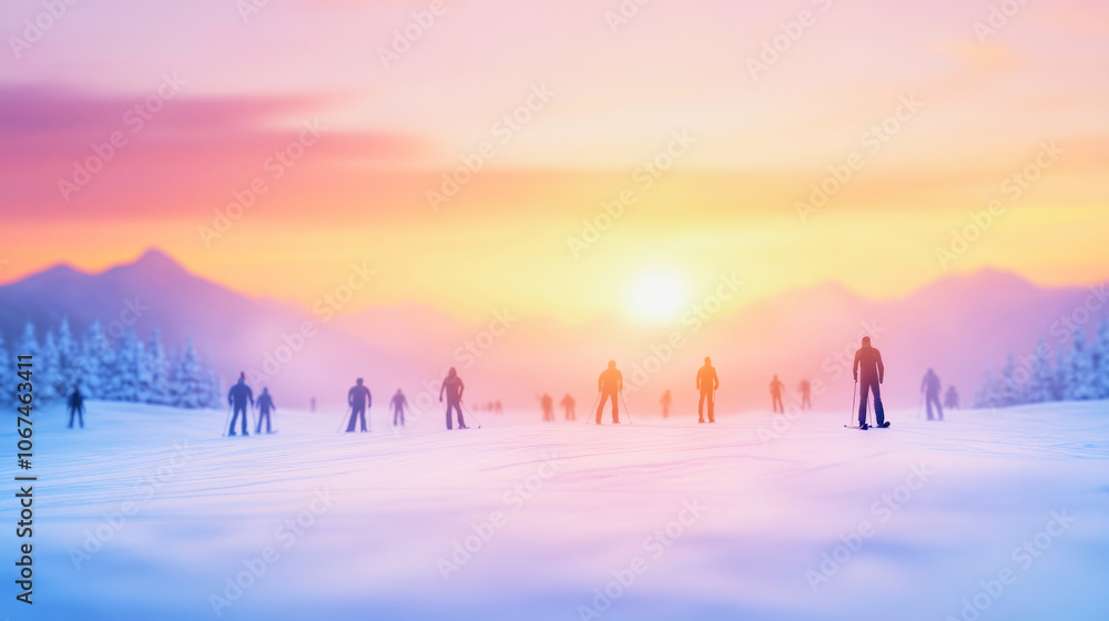 Skiers enjoying a sunset on snowy slopes at a tranquil ski resort Skiers enjoying a sunset on snowy slopes at a tranquil ski resort