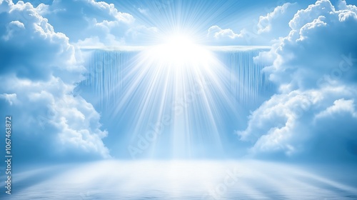 Fototapeta Naklejka Na Ścianę i Meble -  Blue sky with a waterfall and a bright sun. The sky is filled with clouds and the sun is shining brightly. The waterfall is frozen in ice and the sun is shining on it