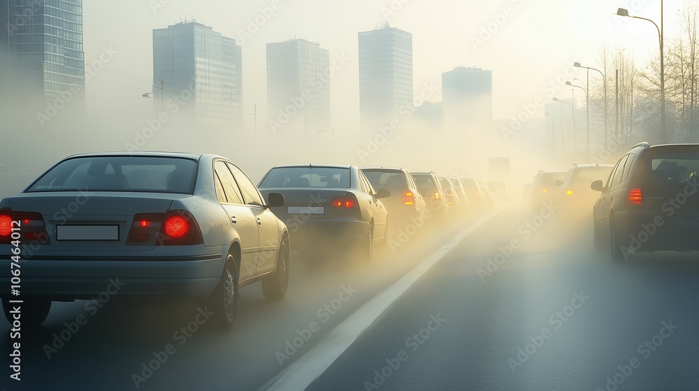 Busy city street with cars driving in the rain. The cars are all foggy and the street is wet Busy city street with cars driving in the rain. The cars are all foggy and the street is wet