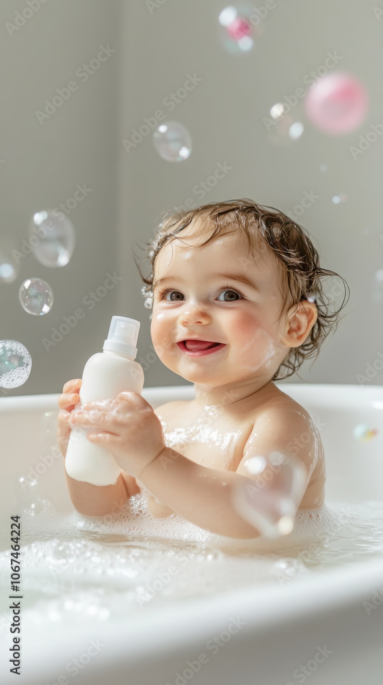 Joyful baby bath time with soap bubbles in a studio setting Joyful baby bath time with soap bubbles in a studio setting