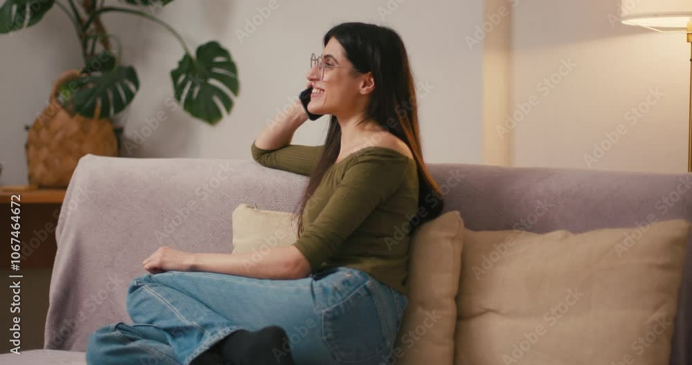 Cheerful young woman enjoys mobile conversation at home Cheerful young woman enjoys mobile conversation at home