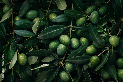 Green olives and olive tree leaves against a green background. The olives are arranged chaotically lying on the leaves. photo