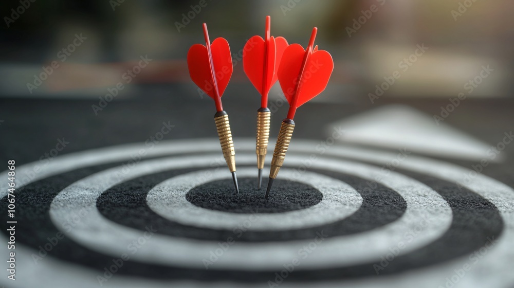 Three red darts hitting center of target on dartboard: Three red darts hitting center of target on dartboard: