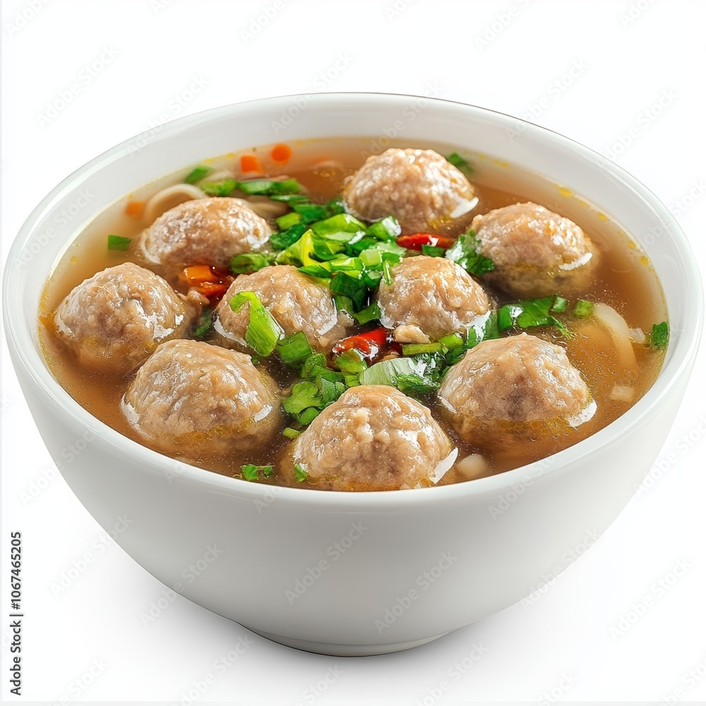 Popular Savory Indonesian Meatball Soup (Bakso) in a Classic White Bowl, Isolated on White Popular Savory Indonesian Meatball Soup (Bakso) in a Classic White Bowl, Isolated on White