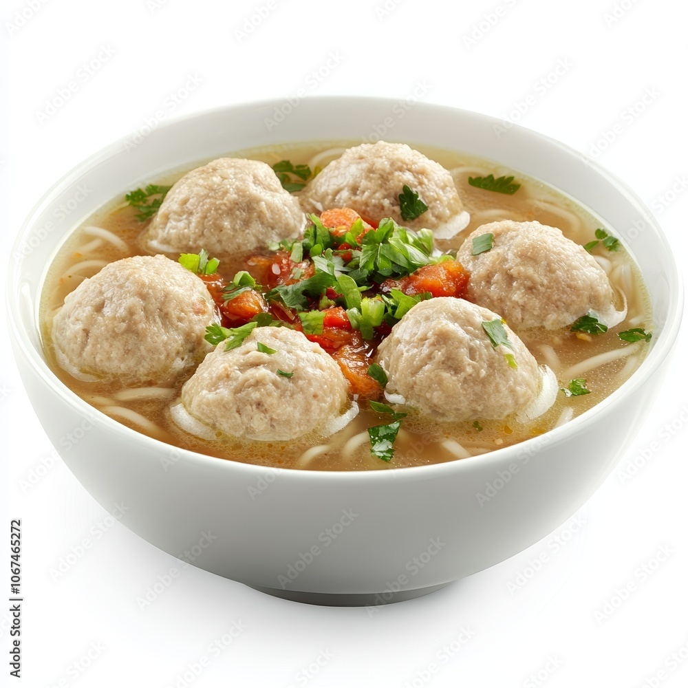 Popular Savory Indonesian Meatball Soup (Bakso) in a Classic White Bowl, Isolated on White Popular Savory Indonesian Meatball Soup (Bakso) in a Classic White Bowl, Isolated on White