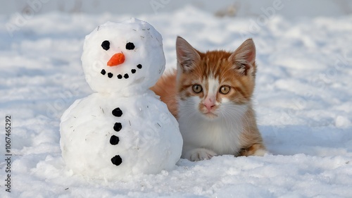 Cute Kitten and Snowman in Winter Wonderland