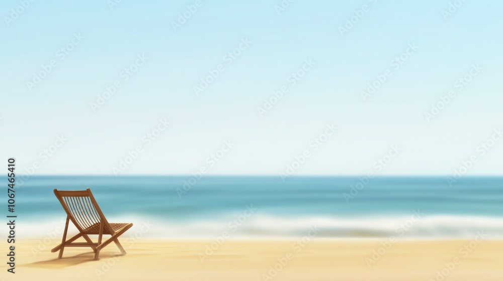 A tranquil beach with a single lounge chair facing the serene sea on a clear day A tranquil beach with a single lounge chair facing the serene sea on a clear day