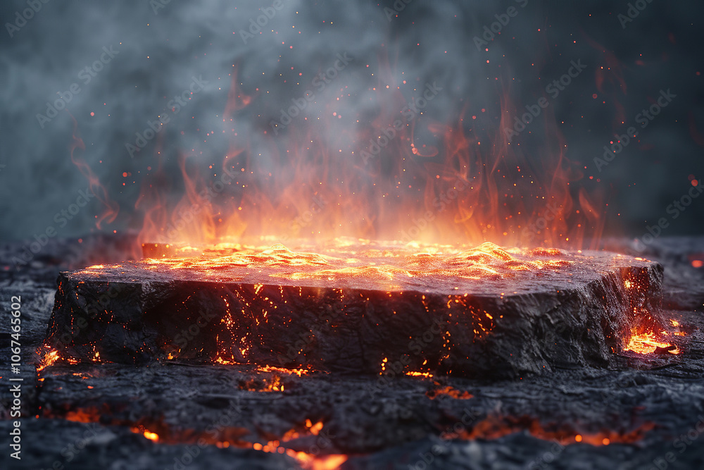 A large rock is surrounded by smoke and fire, creating a dramatic and intense scene. . It creates an impression of danger and the power of the elements, A large rock is surrounded by smoke and fire, creating a dramatic and intense scene. . It creates an impression of danger and the power of the elements,