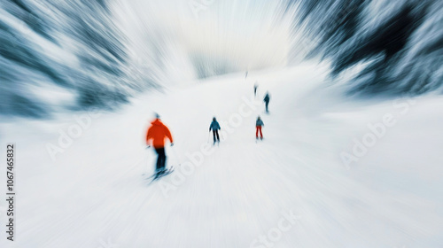 Joyful family skiing together down a snowy mountain at a ski resort during winter