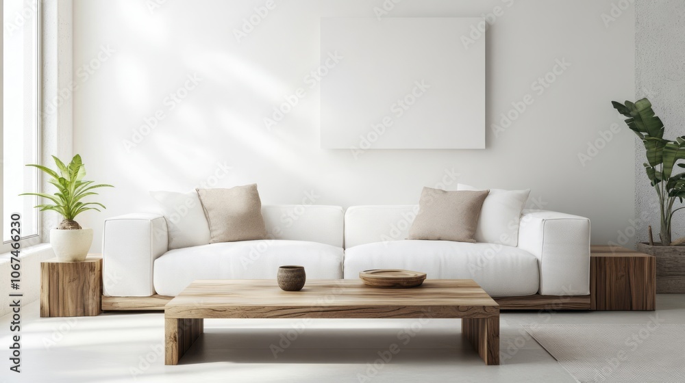 Fototapeta premium Minimalist Living Room with White Sofa and Wooden Coffee Table