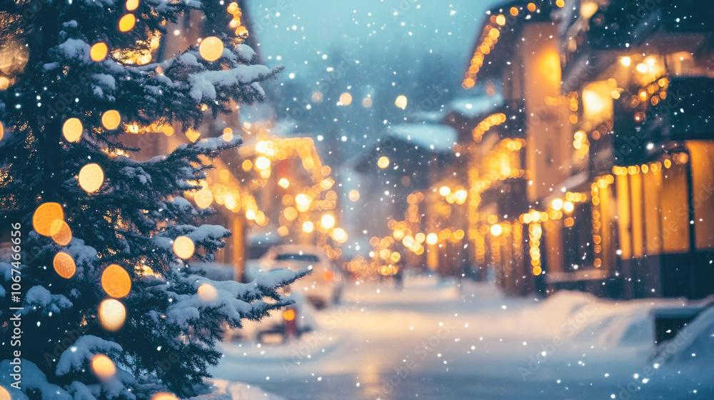 Obraz premium Twinkling lights create a magical winter atmosphere in a ski resort village at night