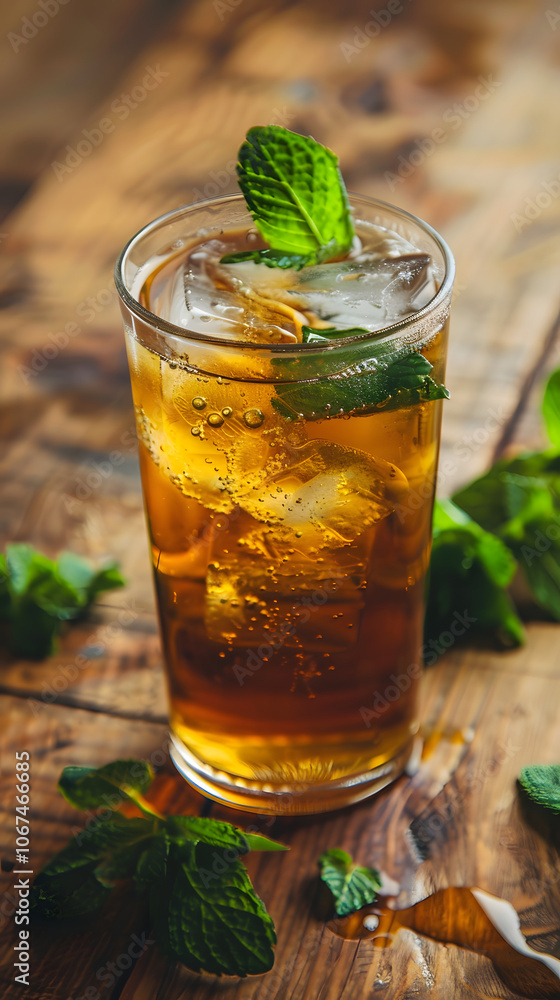 Refreshing Iced Tea in Condensed Glass with Fresh Mint on Wood Refreshing Iced Tea in Condensed Glass with Fresh Mint on Wood