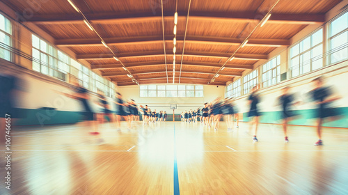 Students engaging in dynamic activities in a school sports hall during physical education class photo