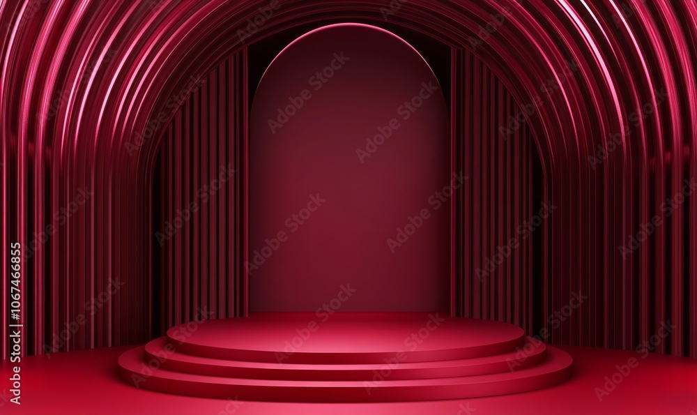 Elegant Studio Background in dark red Colors. Modern Podium for Product Presentation Elegant Studio Background in dark red Colors. Modern Podium for Product Presentation