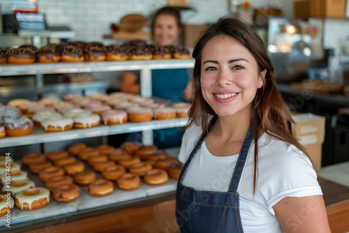 Woman in an apron smiles against the background of a shelf with donuts. She is smiling and she is happy.