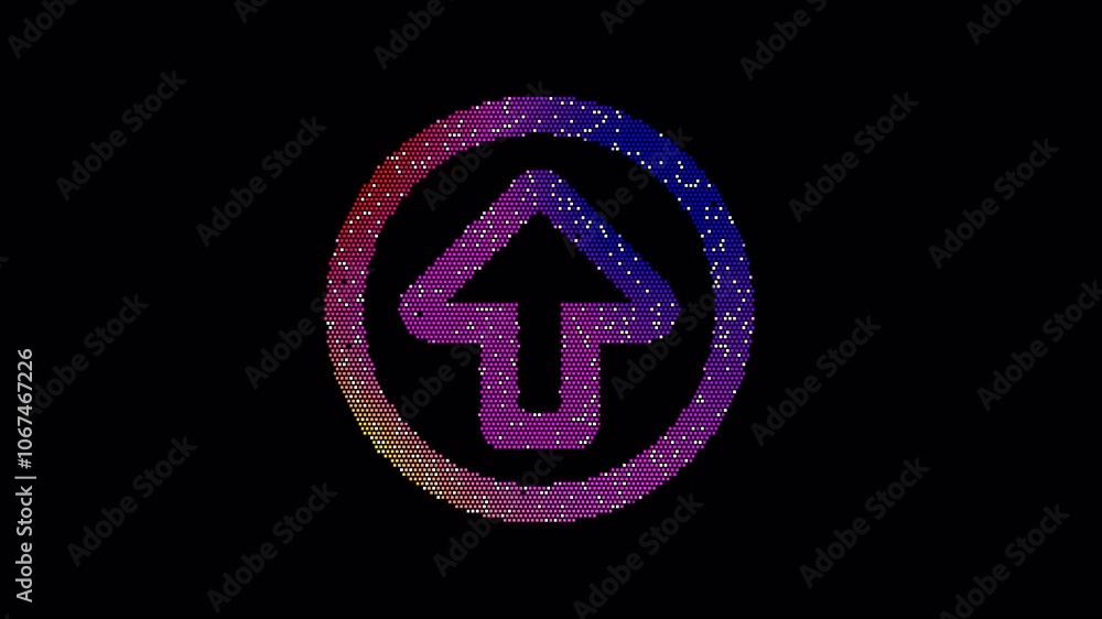 Icon arrow circle up is made up of LED square shapes that shimmer and flicker. There are black dead diodes. In-Out looped. Alpha BW at the end Icon arrow circle up is made up of LED square shapes that shimmer and flicker. There are black dead diodes. In-Out looped. Alpha BW at the end