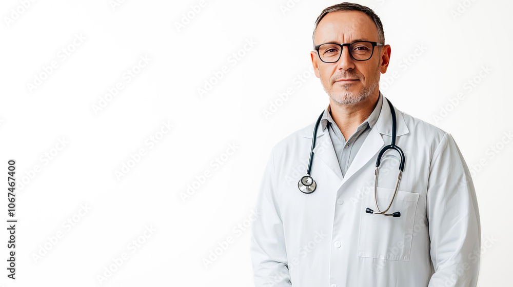 Adult male doctor standing on light background. Banner with space for text. Adult male doctor standing on light background. Banner with space for text.