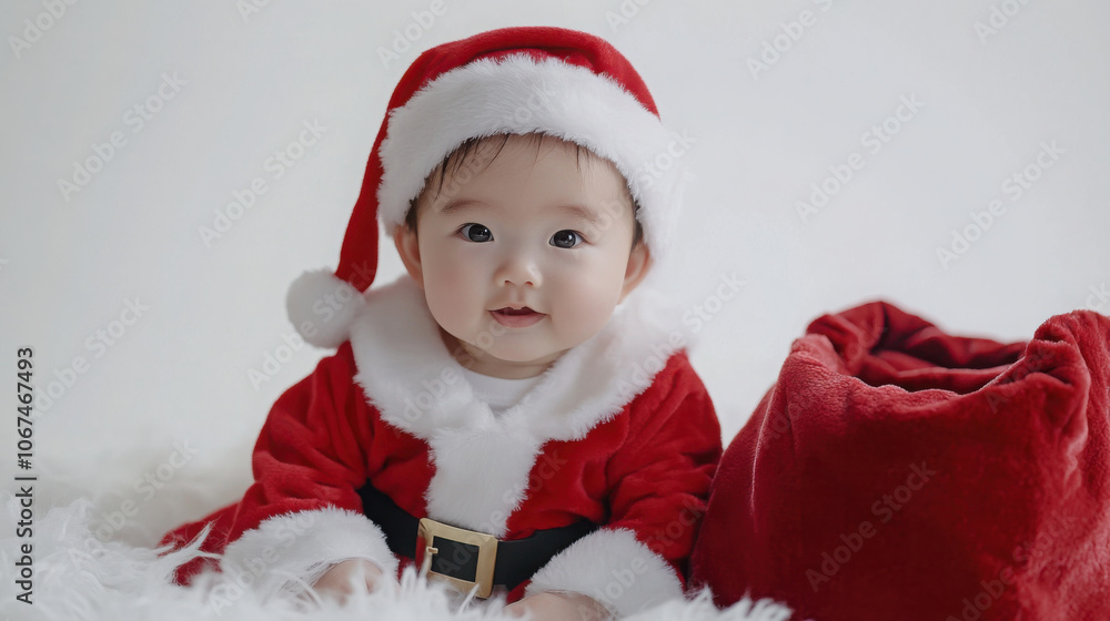 Adorable baby in santa costume with red sack for christmas card design Adorable baby in santa costume with red sack for christmas card design