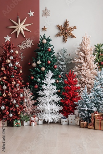 Wallpaper Mural Colorful christmas trees decorated with ornaments and gifts filling a festive room Torontodigital.ca